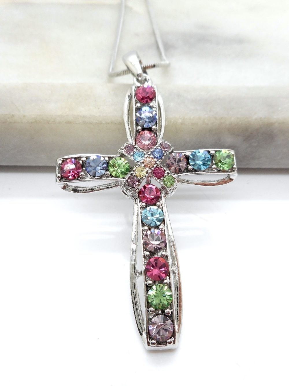 2" Crystal Cross Pendant Necklace Colorful 3D Design